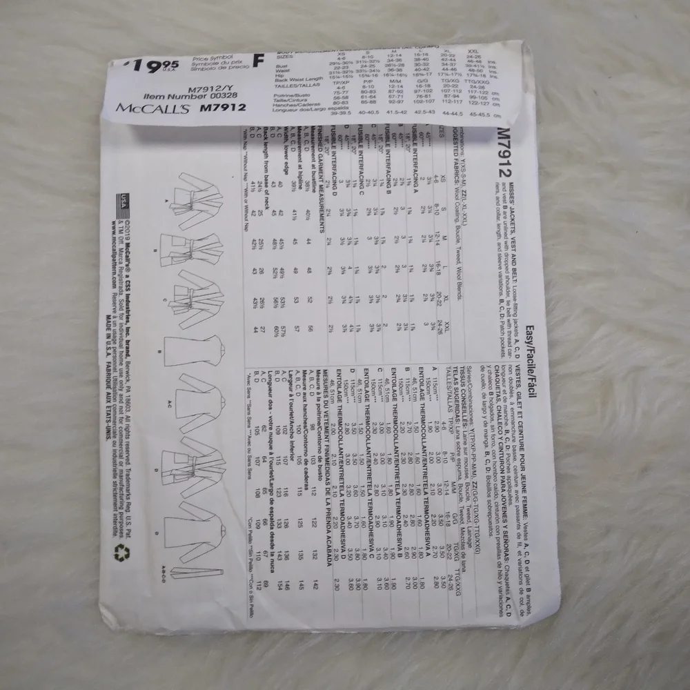 MCCALL'S M7912 Sz XS-S-M Misses Jacket, Vest, Belt Sleeve/Length Variations